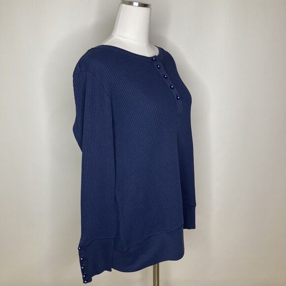 Soft Surroundings Henley Pullover Sweater Navy Blue Rib Knit Cotton Womens Large - Picture 2 of 9